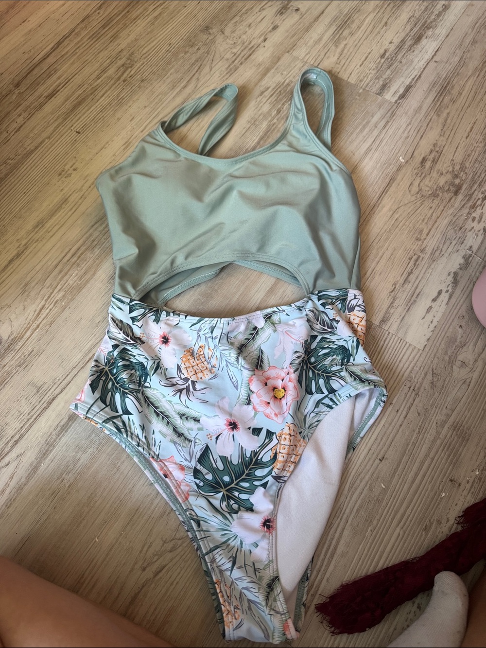 Womwns One-Piece Swimsuit in Sage Green with Tropical Floral Print